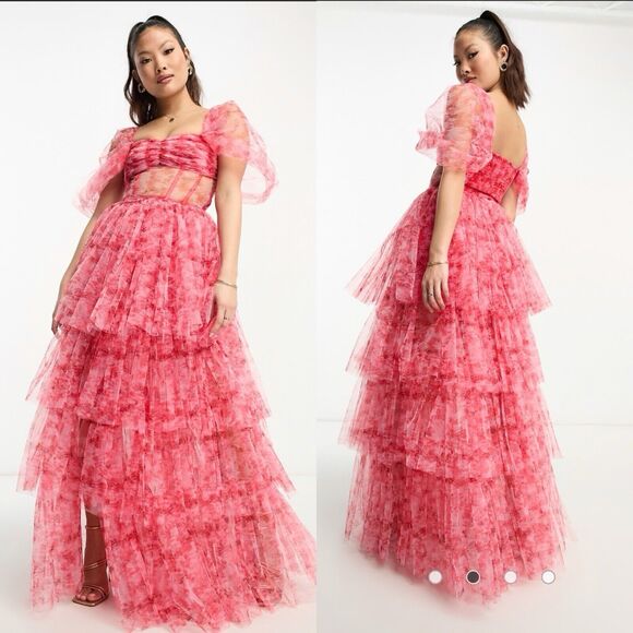 Lace and Beads ASOS Off Shoulder Tulle Corset Maxi Dress Tiered Floral - Picture 1 of 16